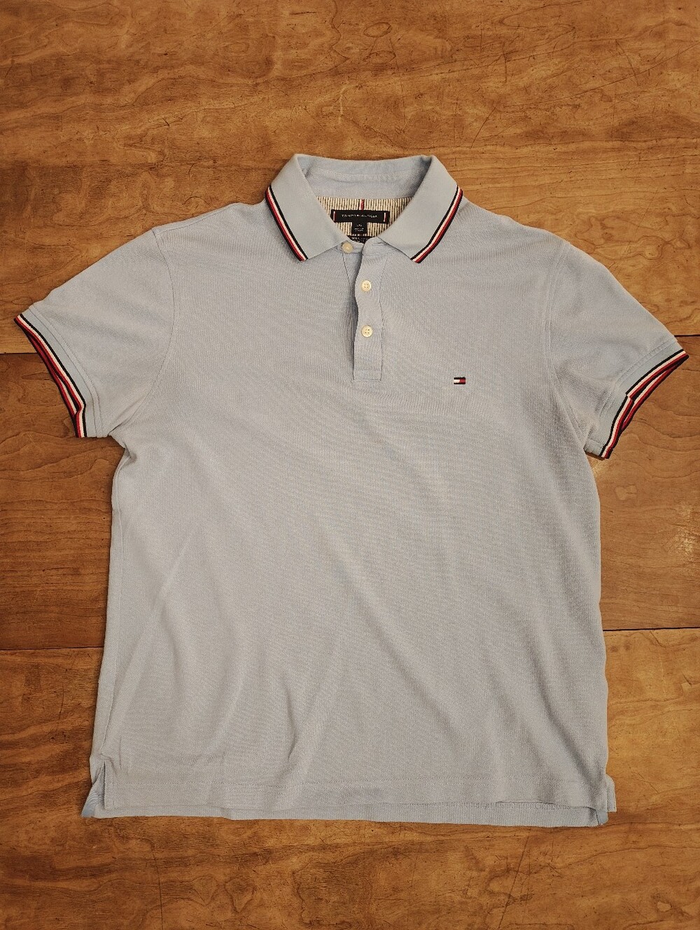 Tommy Hilfiger the 1985 Polo Pale Blue with Signature Red White Navy Stripe Trim